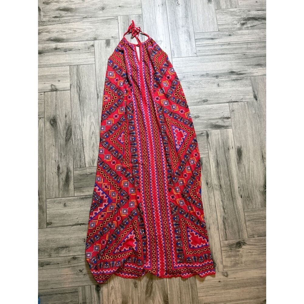 Flying Tomato Red Multicolor Geometric Halter Maxi Dress